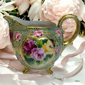 Antique Nippon Vase-Royal Kinran-Hand Painted Roses, Moriage Beading-Victorian